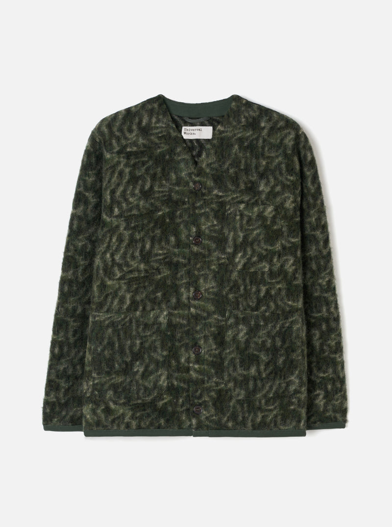 Front view of the Olive Snug Fleece Cardigan on a plain studio background. The fleece cardigan features a curved V-neck collar, five-button placket, one chest pocket, and two lower patch pockets.