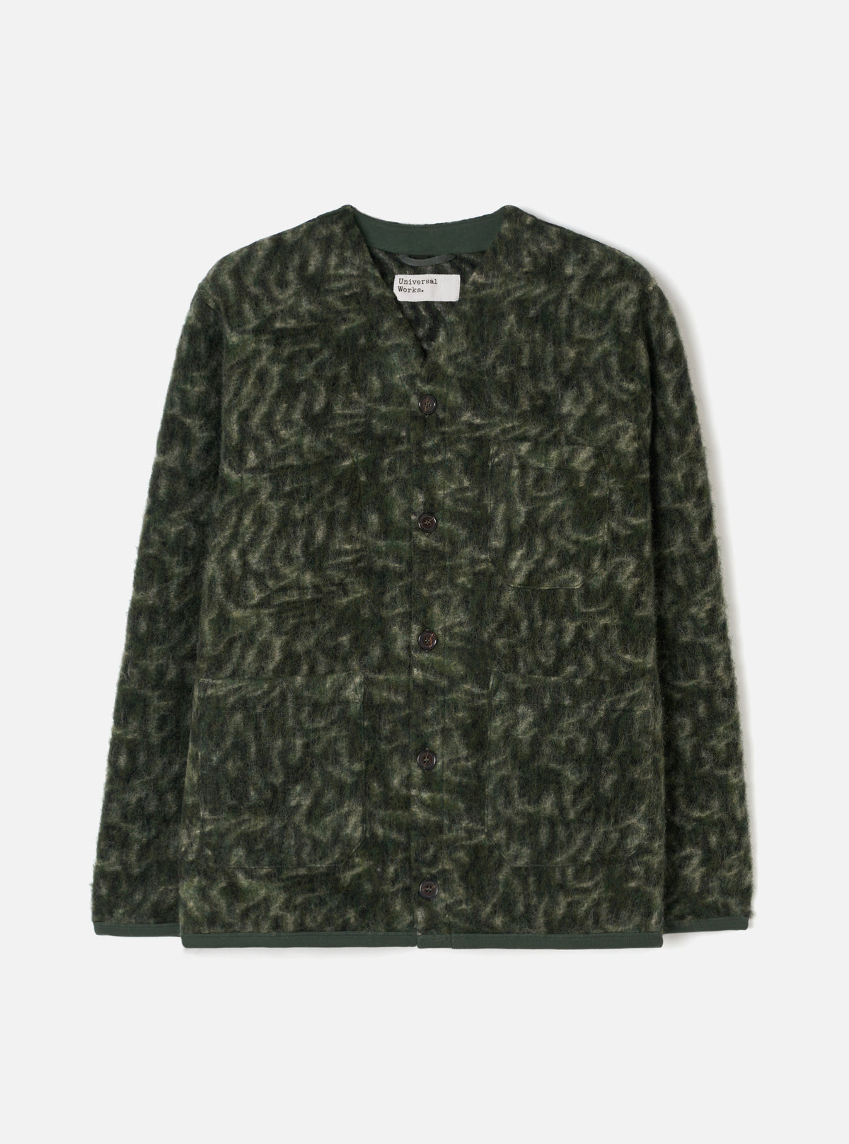 Front view of the Olive Snug Fleece Cardigan on a plain studio background. The fleece cardigan features a curved V-neck collar, five-button placket, one chest pocket, and two lower patch pockets.