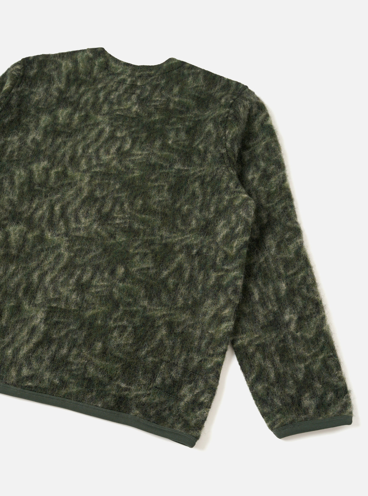 Rear view of the Olive Snug Fleece Cardigan displayed against a light background, highlighting the textured olive wool-blend fleece fabric, back seam construction, and contrasting edge binding.