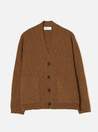 A male model wearing the Brown Wool Fleck Langdale Cardigan against a plain light background. The front view highlights the loose relaxed fit, button closure, patch hand pockets, and warm brown flecked knit fabric.