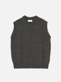 A model wearing the Black Wool Fleck Sweater Vest against a neutral studio backdrop. The sleeveless sweater vest features a classic V-neckline, ribbed hem, and subtle flecked recycled wool texture.