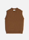 A model wearing the Brown Wool Fleck Sweater Vest against a clean studio backdrop. The sleeveless knit features a V-neck opening, ribbed edges, and a rich brown recycled wool fabric with fleck details.