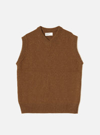 A model wearing the Brown Wool Fleck Sweater Vest against a clean studio backdrop. The sleeveless knit features a V-neck opening, ribbed edges, and a rich brown recycled wool fabric with fleck details.