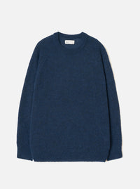 Navy alpaca knit crewneck jumper laid flat on a light grey background. The ribbed crew collar, cuffs and hem contrast with the brushed, fluffy texture of the body and sleeves. A Universal Works woven label sits inside the back neck. Plain navy throughout with no pattern.