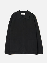 A full front view of the Black Eco Wool Zip Cardigan displayed on a crisp white studio background. The dark grey and black wool knitted cardigan features a full two-way front zip fastening, funnel neck collar, and ribbed hem.