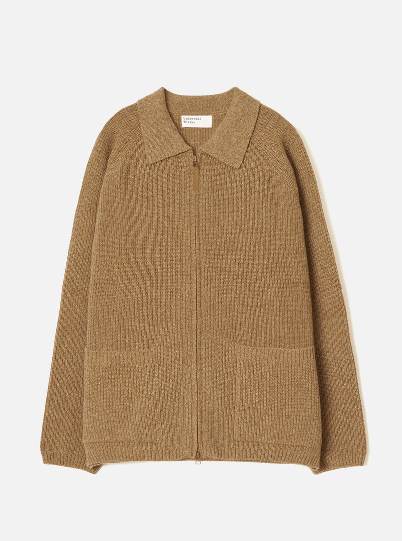 A full front view of the Tawny Eco Wool Zip Cardigan displayed on a clean white background. The warm brown knitted cardigan features a full zip front closure, raised funnel neck collar, long sleeves, and fitted ribbed trims.