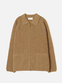 A full front view of the Tawny Eco Wool Zip Cardigan displayed on a clean white background. The warm brown knitted cardigan features a full zip front closure, raised funnel neck collar, long sleeves, and fitted ribbed trims.