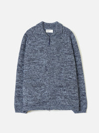 A full front view of the Sky/Navy Lambswool Zip Cardigan displayed on a clean white background. The knit cardigan features a sky blue and navy tone combination, full front zip fastening, high collar, and ribbed cuffs and hem.