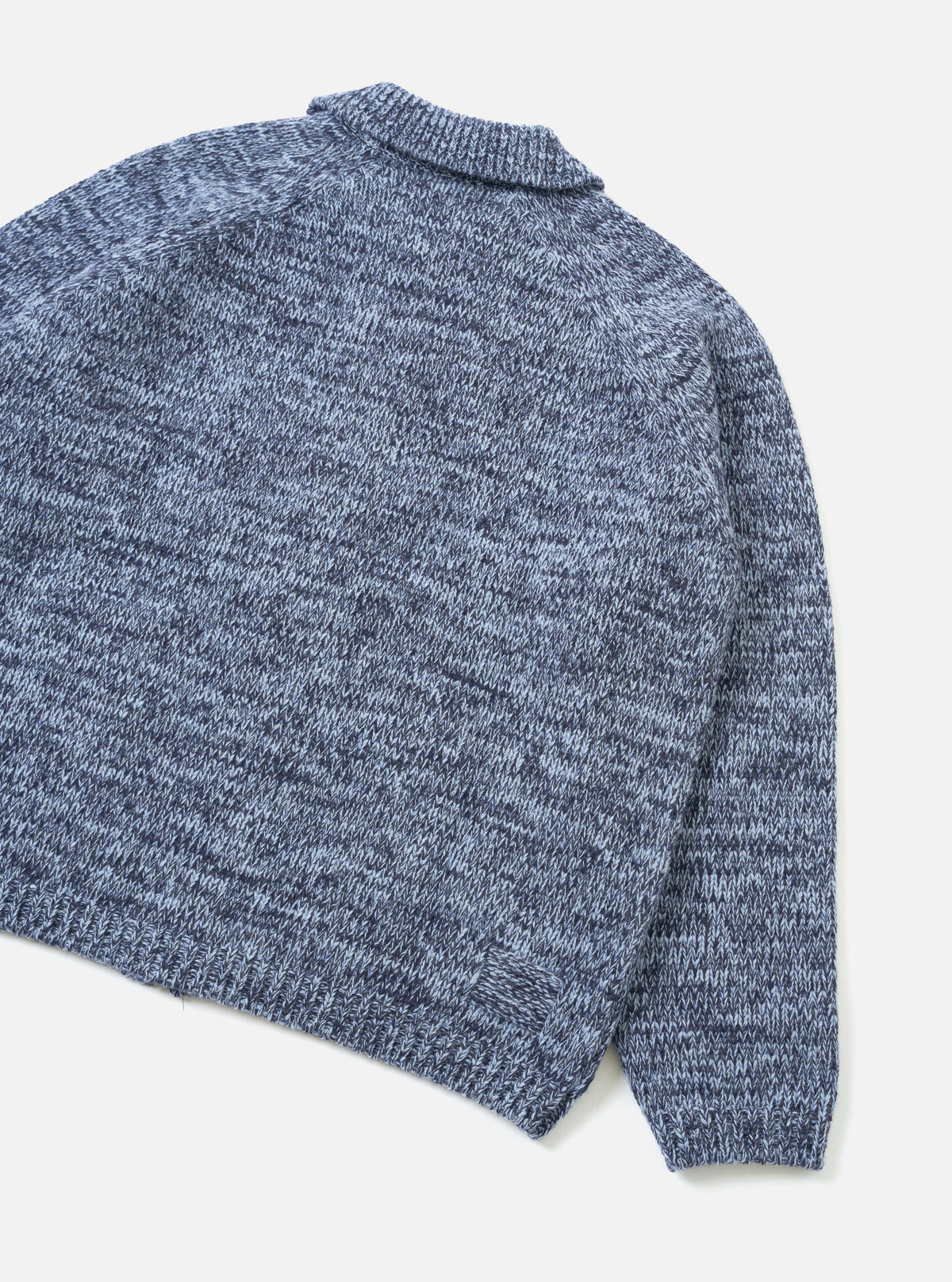 Back view of the Sky/Navy Lambswool Zip Cardigan on a plain white studio background. The knitwear item features raglan sleeves, a fully fashioned collar, and a blue and navy marled lambswool texture.