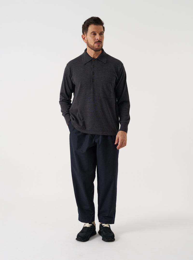 Charcoal Merino L/S Pullover Knit Polo Shirt