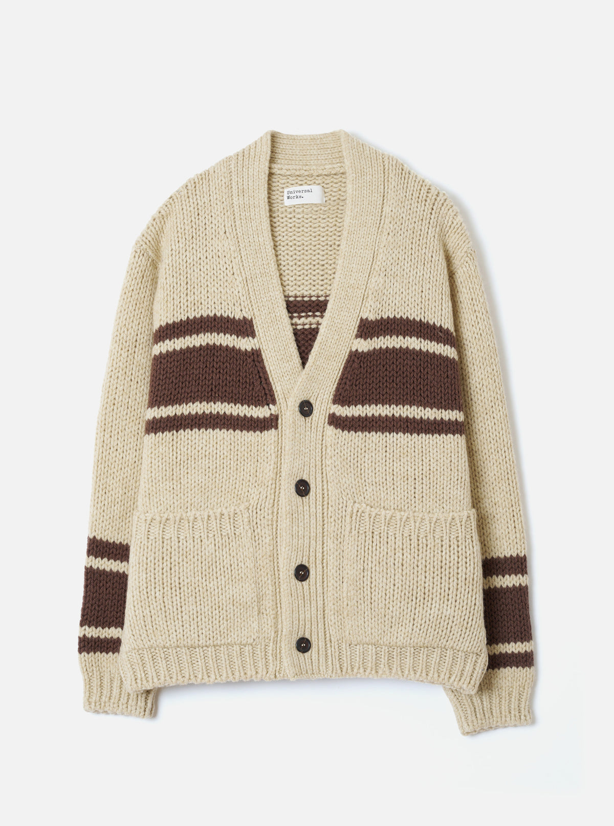 Front view of the Ecru Chunky Knit Stripe Langdale Cardigan on a plain white background. Features a deep V-neckline, four-button placket, two patch pockets, and a bold intarsia horizontal stripe pattern on thick off-white wool.