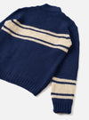 Back view of the Navy Chunky Knit Stripe Langdale Cardigan displayed on a clean white studio background. Features a relaxed fit silhouette with ribbed hem and cuffs, highlighting the continuous striped pattern on navy chunky wool knit.