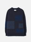 Front view of the Navy British Wool Lyon Crew sweater against a plain white studio background. Features a classic crew neck, raglan sleeves, ribbed collar, hem, and cuffs, crafted from marled navy blue British wool knit fabric.