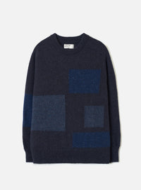 Front view of the Navy British Wool Lyon Crew sweater against a plain white studio background. Features a classic crew neck, raglan sleeves, ribbed collar, hem, and cuffs, crafted from marled navy blue British wool knit fabric.