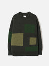 Front view of the Olive British Wool Lyon Crew sweater set against a plain white background. Features a traditional crew neckline, raglan sleeves, ribbed trims, and an easy fit silhouette in marled olive green British wool yarn.