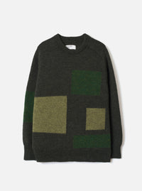 Front view of the Olive British Wool Lyon Crew sweater set against a plain white background. Features a traditional crew neckline, raglan sleeves, ribbed trims, and an easy fit silhouette in marled olive green British wool yarn.