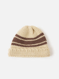 A full product view of the Ecru Chunky Knit Stripe Lenny Hat displayed against a solid white background. The off-white knitted beanie features a thick folded cuff and a contrasting horizontal stripe pattern.