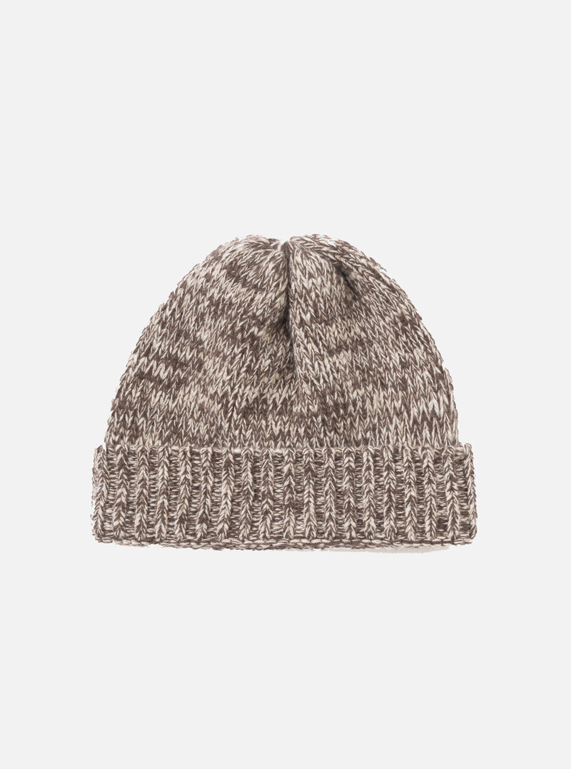 A full front-facing product view of the Ecru/Brown Lambswool Watch Cap isolated on a white background. The knitted cap features a two-tone ecru and brown wool weave with a broad turn-up cuff.