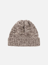A full front-facing product view of the Ecru/Brown Lambswool Watch Cap isolated on a white background. The knitted cap features a two-tone ecru and brown wool weave with a broad turn-up cuff.