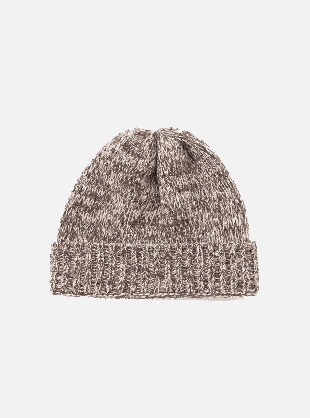 A full front-facing product view of the Ecru/Brown Lambswool Watch Cap isolated on a white background. The knitted cap features a two-tone ecru and brown wool weave with a broad turn-up cuff.