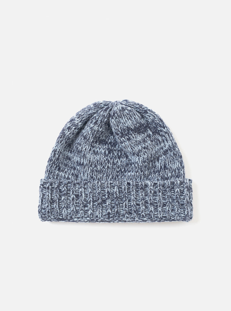 A full view of the Sky/Navy Lambswool Watch Cap presented against a plain white background. The knitted beanie showcases a two-tone sky blue and navy design with a classic folded ribbed brim.