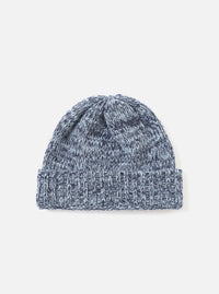 A full view of the Sky/Navy Lambswool Watch Cap presented against a plain white background. The knitted beanie showcases a two-tone sky blue and navy design with a classic folded ribbed brim.