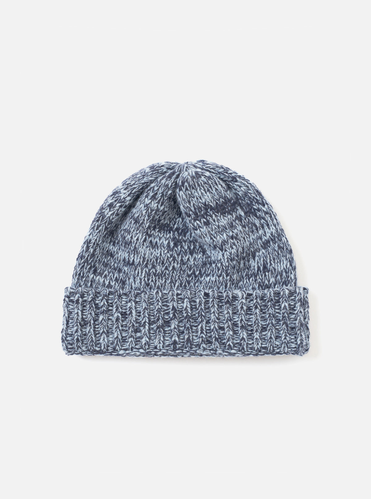 A full view of the Sky/Navy Lambswool Watch Cap presented against a plain white background. The knitted beanie showcases a two-tone sky blue and navy design with a classic folded ribbed brim.