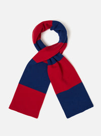 A full view of the Blue/Red Soft Wool Deluxe Football Scarf laid flat against a stark white background. The scarf showcases its vibrant blue and red striped pattern, soft wool blend, and fringed ends.