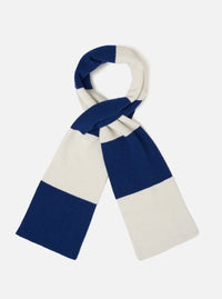 A full product view of the Ecru/Blue Soft Wool Deluxe Football Scarf set against a solid white background. The scarf features a classic ecru and blue striped pattern with soft wool blend construction.