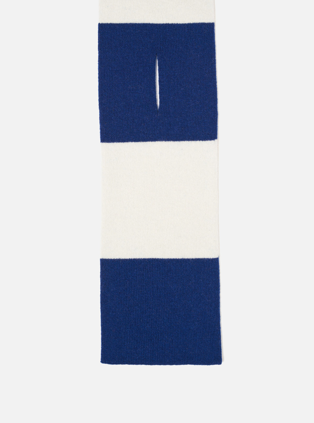 A neatly folded view of the Ecru/Blue Soft Wool Deluxe Football Scarf presented on a clean white background, showcasing the soft knit texture, fringed edges, and prominent ecru and blue stripes.
