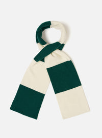A full view of the Ecru/Green Soft Wool Deluxe Football Scarf displayed on a bright white background. The scarf features an alternating ecru and green stripe pattern with soft wool knit fabric.