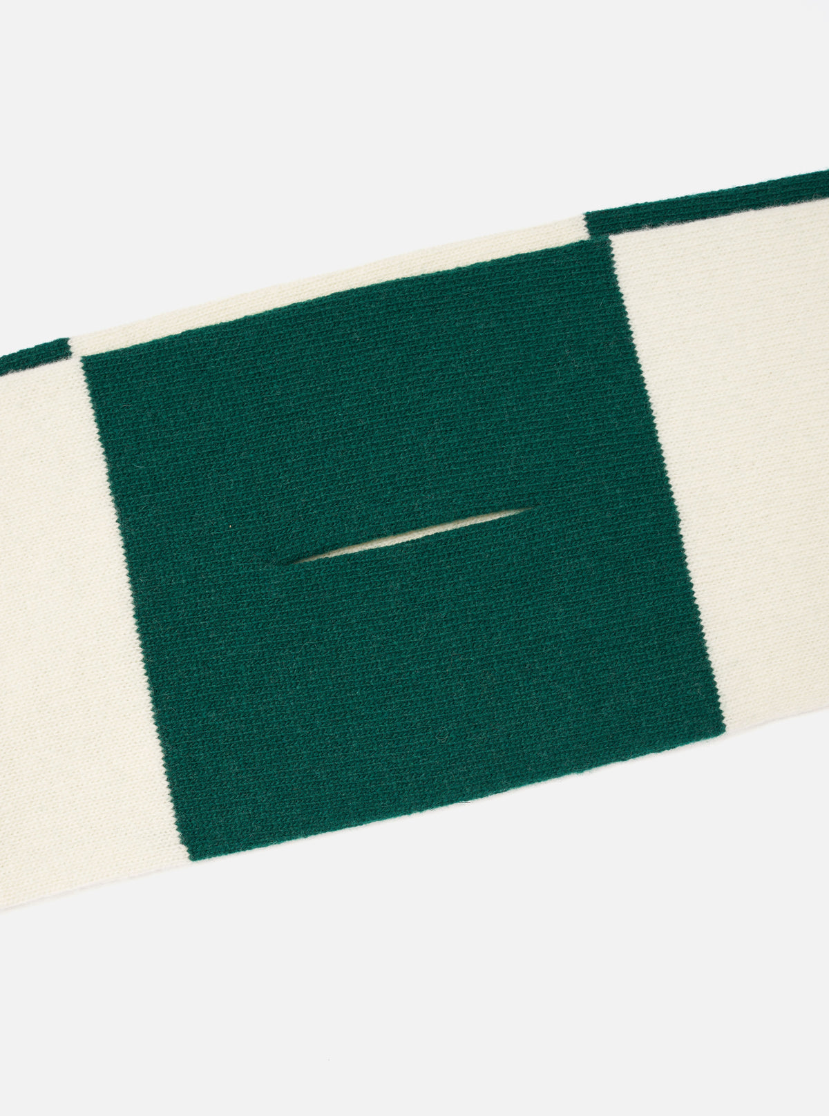 A close-up detail image of the Ecru/Green Soft Wool Deluxe Football Scarf against a plain white background, focusing on the fine knitted weave, finished fringe trim, and soft wool fabric quality.