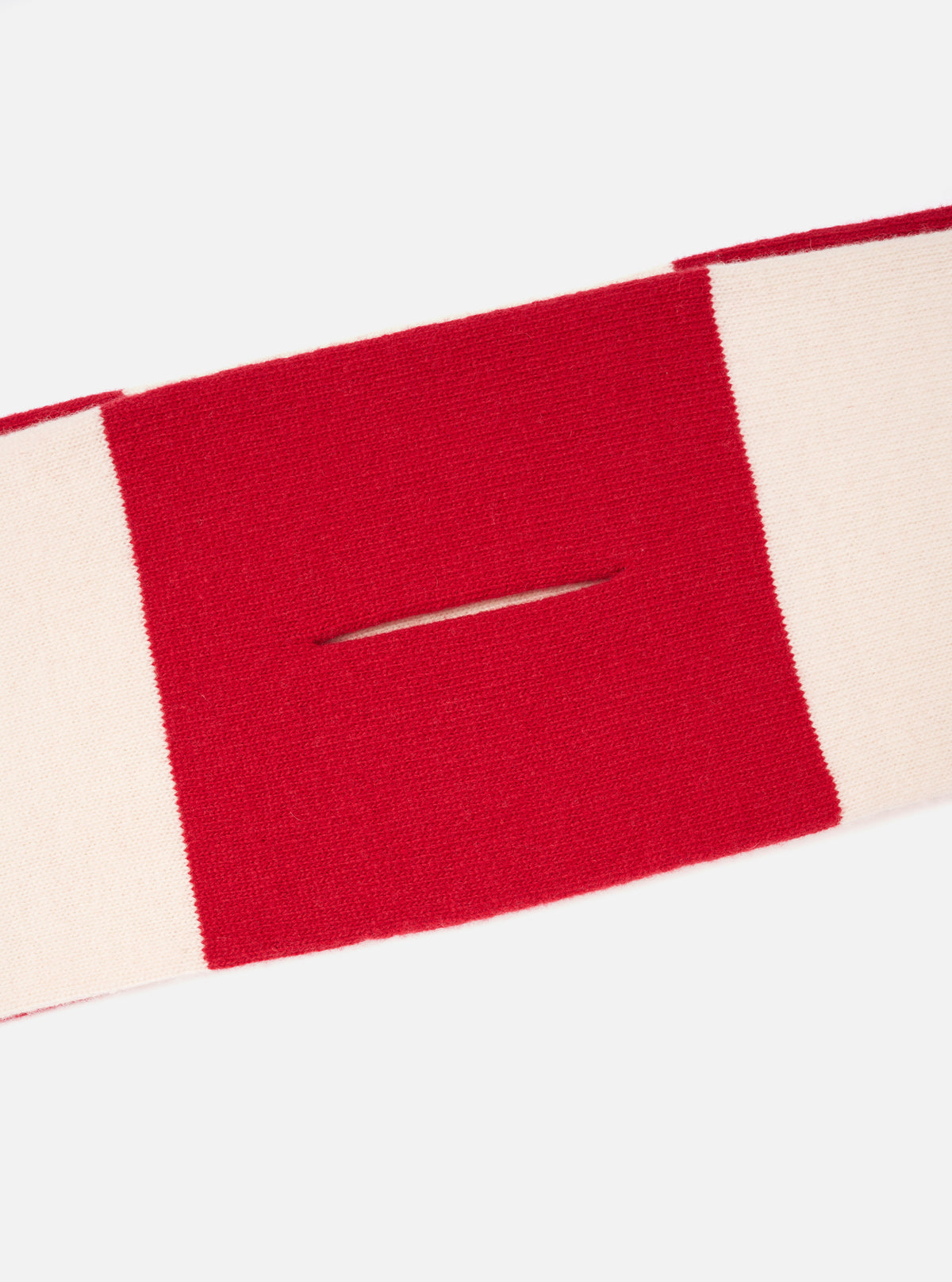 A close-up detail image of the Ecru/Red Soft Wool Deluxe Football Scarf on a solid white background. The shot focuses on the rich texture of the soft wool blend fabric, knitted pattern, and high-quality finishing along the edge.