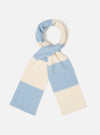 A full-length view of the Ecru/Sky Soft Wool Deluxe Football Scarf shown flat against a plain white studio background. The scarf showcases a dual-tone ecru and sky blue soft wool knit design with neatly finished tasseled fringe ends.