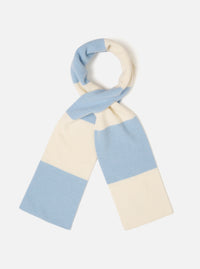 A full-length view of the Ecru/Sky Soft Wool Deluxe Football Scarf shown flat against a plain white studio background. The scarf showcases a dual-tone ecru and sky blue soft wool knit design with neatly finished tasseled fringe ends.