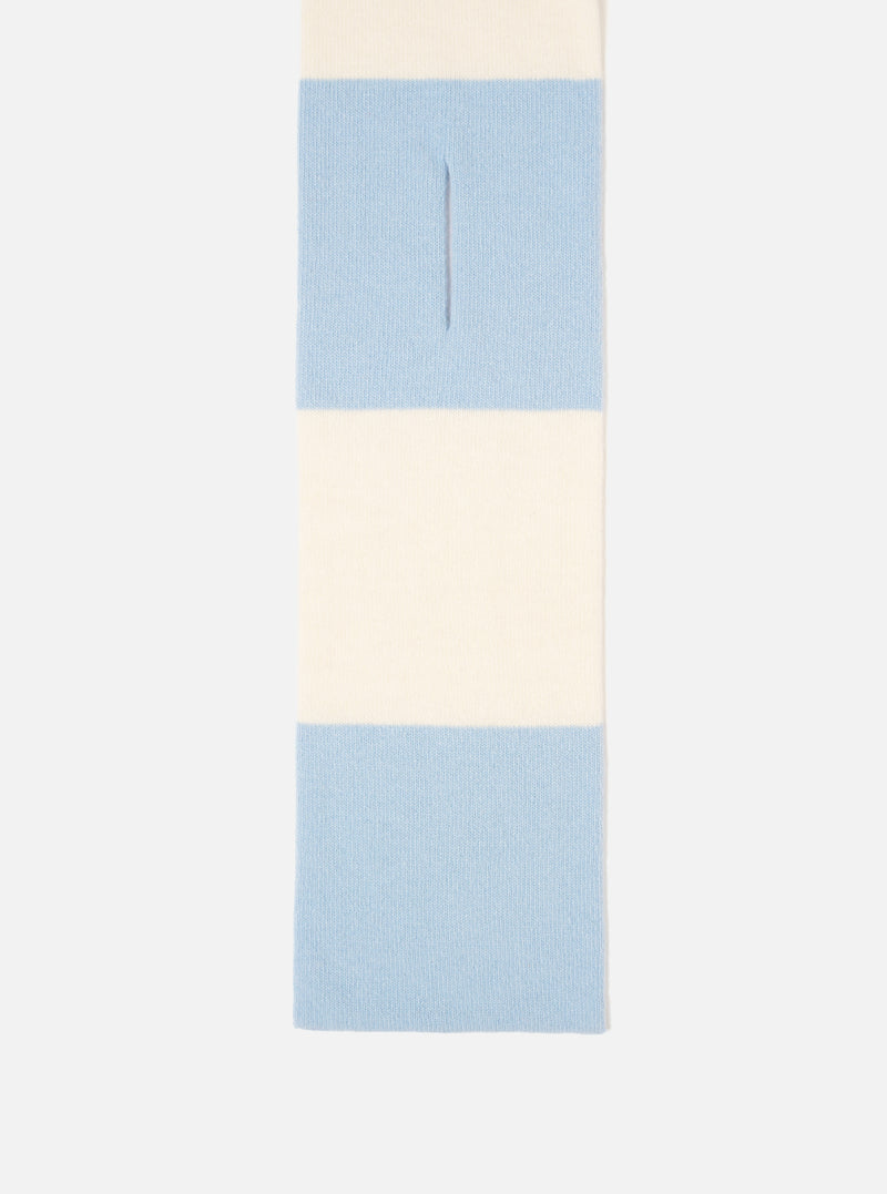 An angled layout shot of the Ecru/Sky Soft Wool Deluxe Football Scarf on a plain white background. The image highlights the soft texture of the wool blend fabric along with the pale sky blue and ecru contrast blocks.