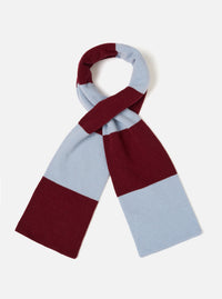A front view of the Sky/Claret Soft Wool Deluxe Football Scarf presented flat on a clean white background. The soft wool scarf features alternating sky blue and claret red knitted sections finished with classic fringed ends.
