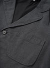 A close-up detail shot of the Grey Liverpool Check Three Button Jacket on a white background, focusing on the three-button front placket, notched lapel stitching, horn buttons, and textured grey cotton-linen check material.