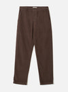 Cacao brown corduroy military chino trousers laid flat on a light grey studio backdrop. Wide-wale cord texture visible throughout. Structured waistband with a single button fastening, belt loops, and slanted side pockets. Straight leg silhouette with a neat turned hem at the ankle.