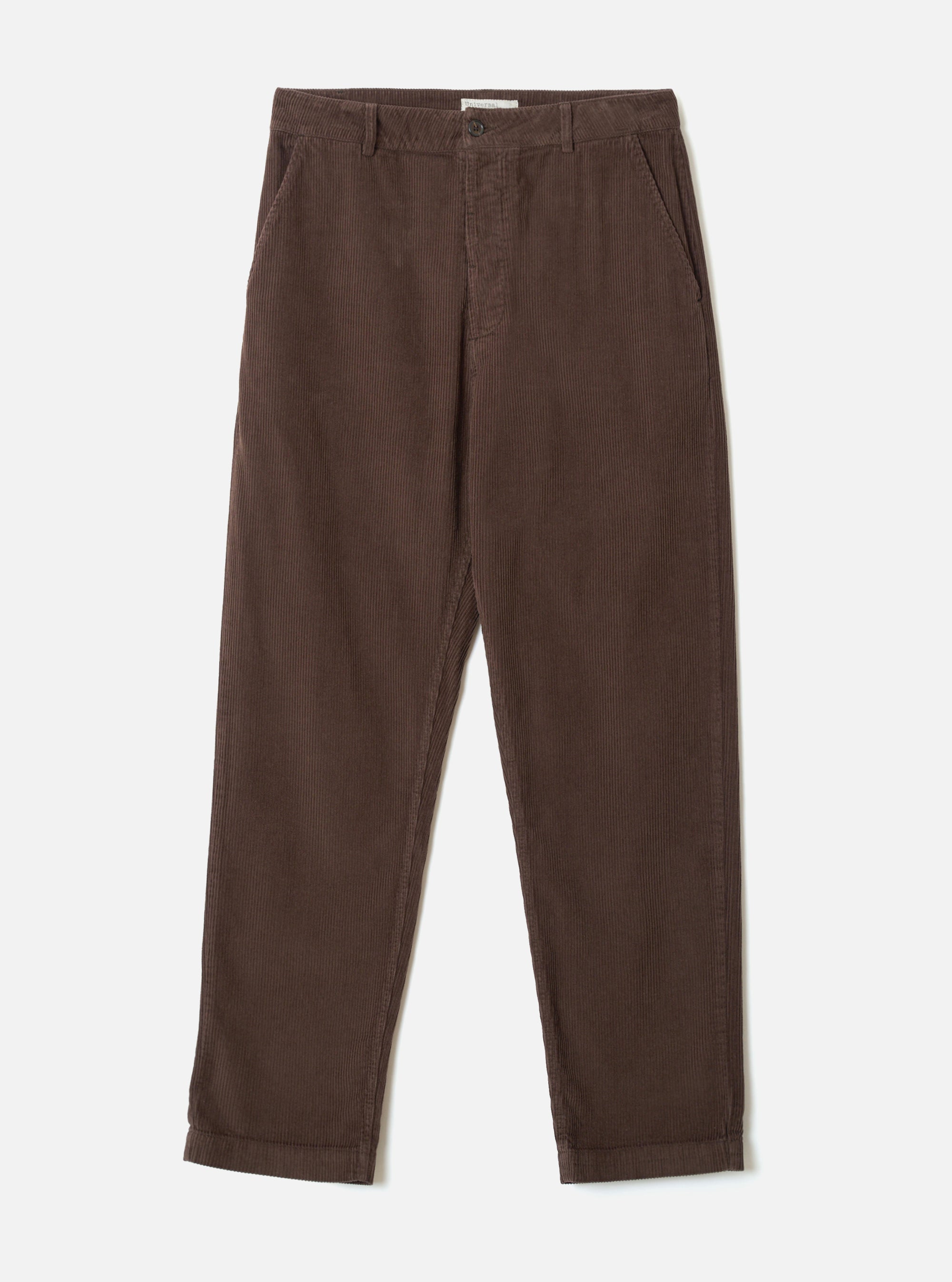 Cacao brown corduroy military chino trousers laid flat on a light grey studio backdrop. Wide-wale cord texture visible throughout. Structured waistband with a single button fastening, belt loops, and slanted side pockets. Straight leg silhouette with a neat turned hem at the ankle.