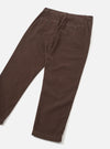 Flat lay of cacao brown corduroy military chinos on a light grey background, showing the back. Fine-wale cord texture visible throughout. Two buttoned welt back pockets, a belt loop waistband, and turned-up cuffs at the ankle. Trousers taper toward the hem.