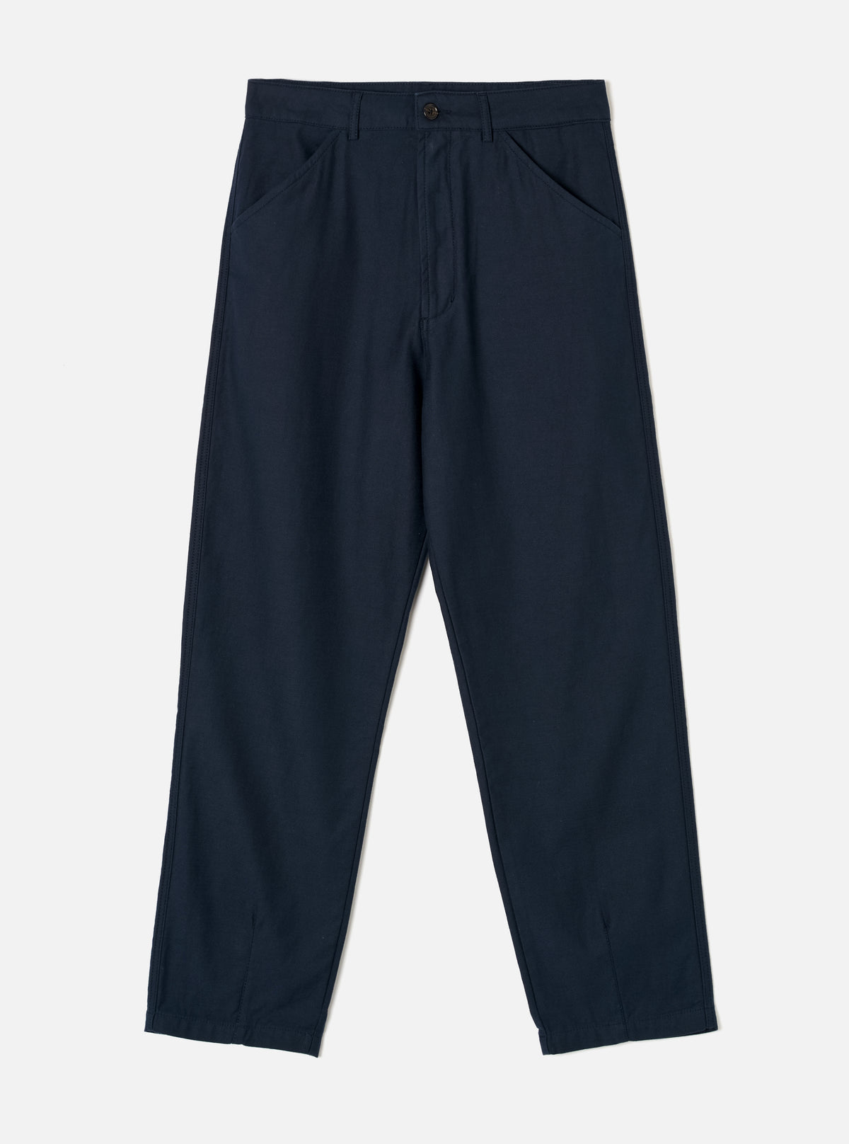 Front view of the Navy Slub Sateen Utility Pant set against a plain off-white background. The shot highlights the diagonal front frogmouth pockets, zip fly, belt loops, and relaxed tapered leg cut.