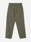 Front view of the Olive Slub Sateen Utility Pant displayed flat against a neutral off-white background. The shot highlights the relaxed tapered cut, belt loops, zip fly, and diagonal front frogmouth pockets.