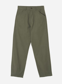 Front view of the Olive Slub Sateen Utility Pant displayed flat against a neutral off-white background. The shot highlights the relaxed tapered cut, belt loops, zip fly, and diagonal front frogmouth pockets.