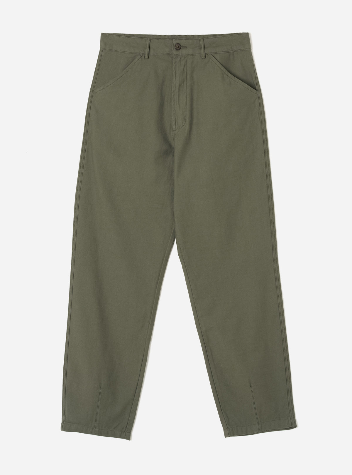 Front view of the Olive Slub Sateen Utility Pant displayed flat against a neutral off-white background. The shot highlights the relaxed tapered cut, belt loops, zip fly, and diagonal front frogmouth pockets.