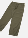 A back view of the Olive Slub Sateen Utility Pant presented against a clean off-white background. The image details the rear patch pockets, waistband, hem darts, and dark olive green slub sateen cotton texture.