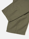 Close-up view of the Olive Slub Sateen Utility Pant on a plain off-white studio background. The shot emphasizes the texture of the slub sateen cotton fabric, waistband construction, belt loops, and stitching.