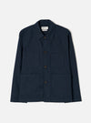 Front view of the Navy Slub Sateen Ives Jacket displayed against a plain off-white background. The shot showcases the boxy silhouette, classic collar, front button placket, and prominent patch pockets.