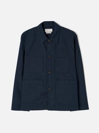Front view of the Navy Slub Sateen Ives Jacket displayed against a plain off-white background. The shot showcases the boxy silhouette, classic collar, front button placket, and prominent patch pockets.