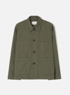 Front view of the Olive Slub Sateen Ives Jacket set against a plain light grey backdrop. The image details the boxy cut, neat collar, front button closure, and front patch pockets in olive green slub sateen.